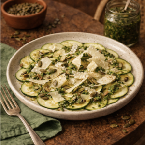 Carpaccio de courgettes, copeaux de parmesan AOP, pesto maison au basilic et graines de courge – La Cour Paris 11e