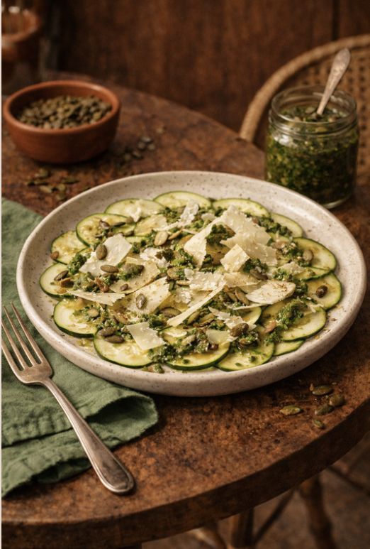 Carpaccio de courgettes, copeaux de parmesan AOP, pesto maison au basilic et graines de courge – La Cour Paris 11e