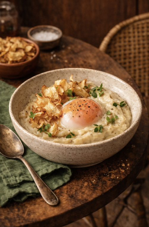 Œuf parfait bio cuit à 64°C, purée de topinambours et chips de panais croustillantes – La Cour Paris 11e