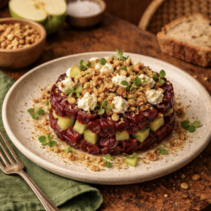 Tartare de betteraves et pommes granny, crumble salé aux noisettes et éclats de chèvre fermier – La Cour Paris 11e