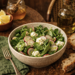 Salade de jeunes pousses et radis croquants, fromage frais fermier et vinaigrette au miel et citron bio – La Cour Paris 11e
