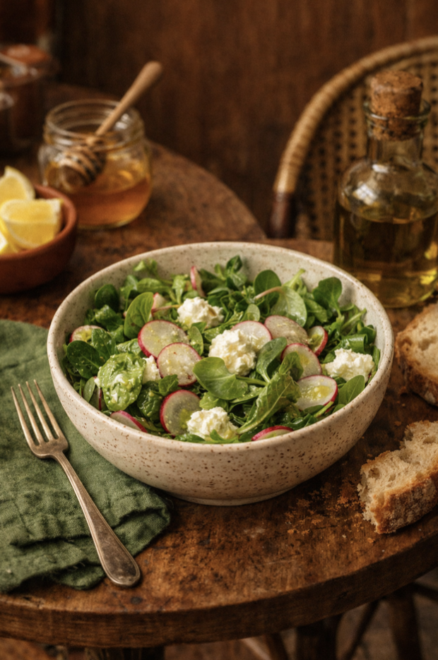 Salade de jeunes pousses et radis croquants, fromage frais fermier et vinaigrette au miel et citron bio – La Cour Paris 11e