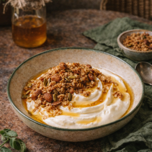 Fromage blanc fermier au miel local du 11e arrondissement et granola croustillant maison – La Cour Paris 11e