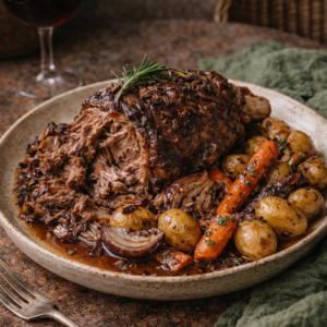 Épaule d'agneau confite 7h au romarin, légumes rôtis et pommes grenaille dorées – La Cour Paris 11e