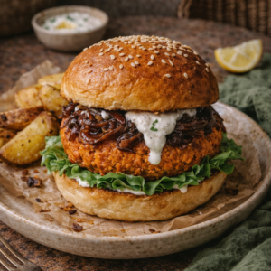 Burger végétal de la Cour, galette de lentilles corail, pain brioché maison, oignons confits et sauce yaourt citronnée – Paris 11e