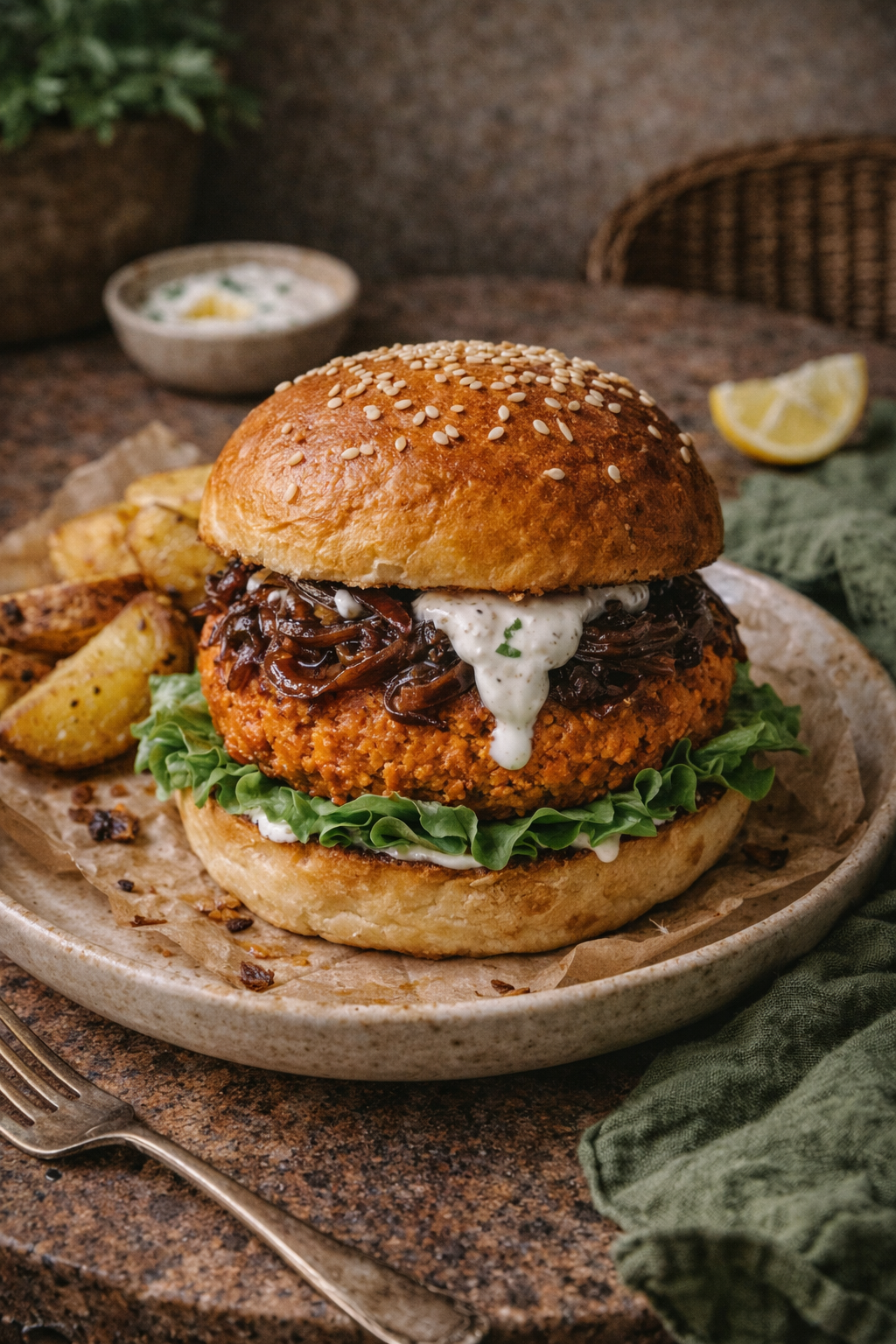 Burger végétal de la Cour, galette de lentilles corail, pain brioché maison, oignons confits et sauce yaourt citronnée – Paris 11e