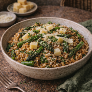 Risotto d'épeautre aux asperges vertes et vieux comté, option végétarienne et sans gluten – La Cour Paris 11e