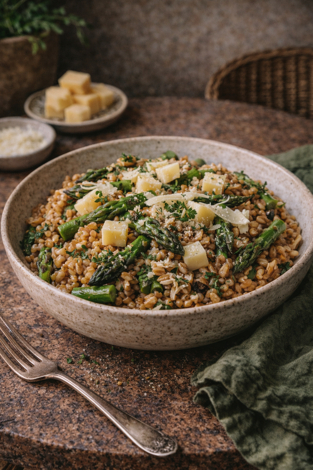 Risotto d'épeautre aux asperges vertes et vieux comté, option végétarienne et sans gluten – La Cour Paris 11e