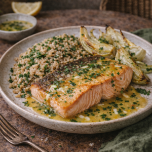 Pavé de truite d'Île-de-France au beurre citronné, fenouil rôti et riz complet bio aux herbes du potager – La Cour Paris 11e