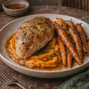 Suprême de volaille fermière au jus réduit, carottes confites au cumin et purée de patates douces – La Cour Paris 11e