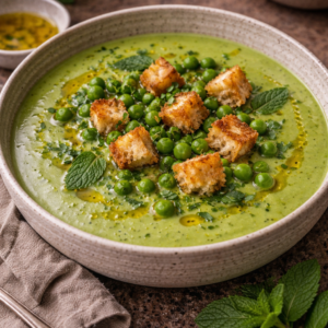 Velouté de petits pois à la menthe fraîche, croûtons maison et huile d'olive du Vexin – La Cour Paris 11e