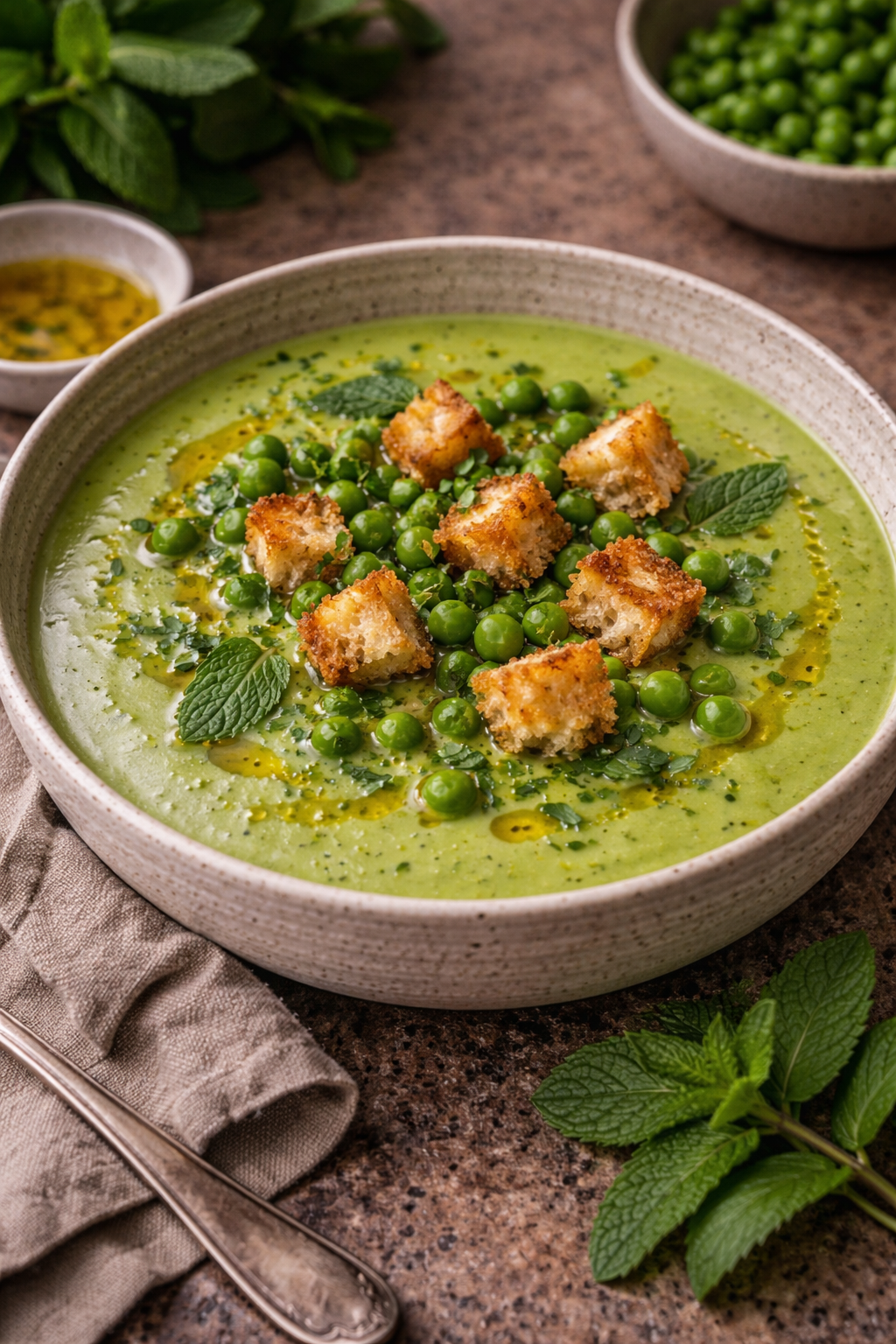 Velouté de petits pois à la menthe fraîche, croûtons maison et huile d'olive du Vexin – La Cour Paris 11e