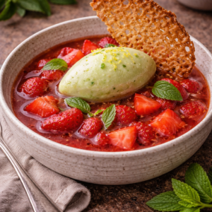 Soupe froide de fraises gariguettes à la verveine, tuile croustillante et sorbet citron-basilic – La Cour Paris 11e