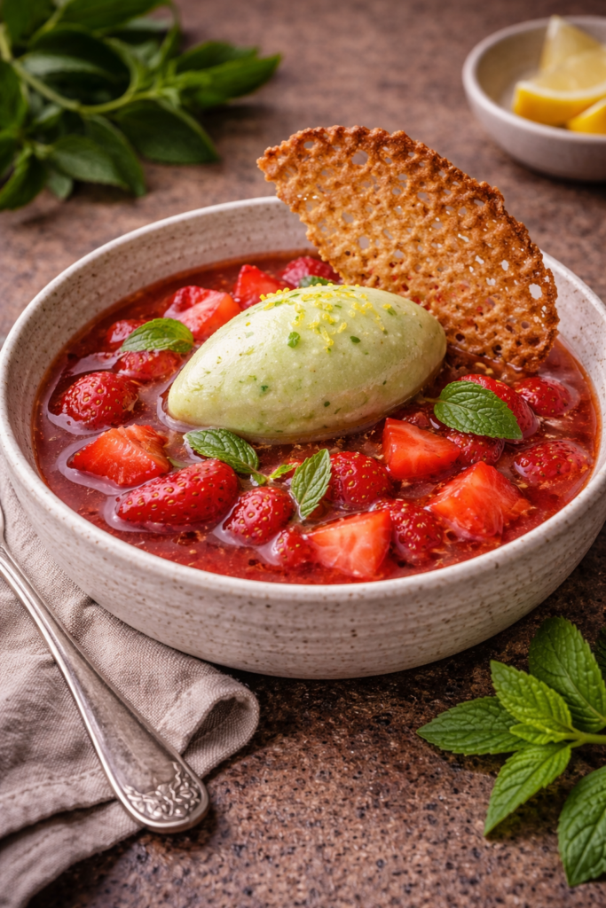 Soupe froide de fraises gariguettes à la verveine, tuile croustillante et sorbet citron-basilic – La Cour Paris 11e